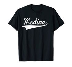 a black t - shirt with the word medna in white on it's chest