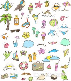 a bunch of different items that are on a white background with the words summer written in it