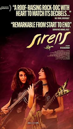 two women with guitars standing next to each other in front of a poster for siren