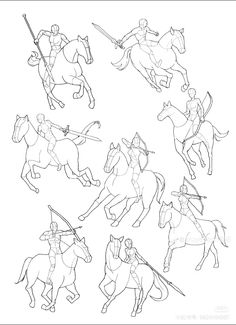 some drawings of people riding horses and holding swords