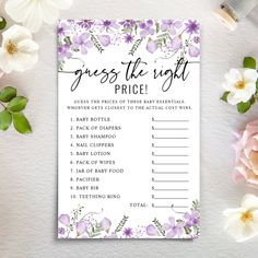 a purple and white floral printable guess the night price sheet next to pink flowers