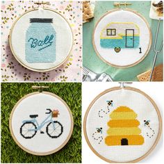 four different cross stitch patterns with the words sale on them and an image of a camper