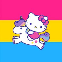 an image of hello kitty and unicorn on the same rainbow background with text that says, i love you