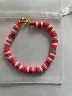 Aesthetic bracelet! Water meallon theme with real gem stones! Aesthetic Bracelet, Aesthetic Preppy, Polymer Clay Bracelet, Clay Bracelet, Gold Bead Bracelets, Watermelon Tourmaline, Gem Stones, Pink Bracelet, Gold Pearl