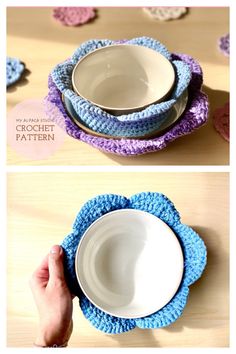 crocheted dishcloths are used as placemats to hold dishes on the table