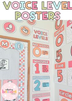 the words voice level posters are displayed in front of a white wall with pink and blue stickers