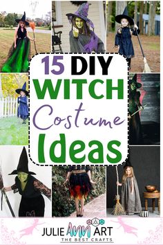 a collage of halloween costumes with text overlay that reads 15 diy witch costume ideas