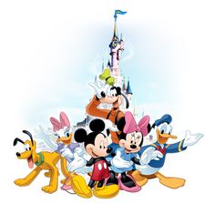 mickey mouse and other disney characters standing in front of a castle with the sky behind them