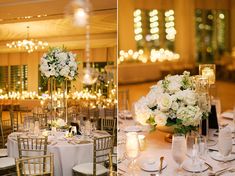 the tables are set up with white flowers and candles for an elegant dinner or reception