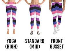 These bright-colored leggings are a great way to show off your enbie pride, with pink/white/purple/black/blue stripes of the gender fluid pride flag. Perfect outfit for pride parades and other LGBTQIA events. Choose from a standard legging with mid-rise top, a yoga high-waist compression top, or front gusset. Super soft, stretchy and comfortable yoga leggings. * 82% polyester/18% spandex * Material has a four-way stretch, which means fabric stretches and recovers on the cross and lengthwise grai Fitted Leggings With Three Stripes For Gym, Fitted Three Stripes Leggings For Gym, Fitted Three-stripe Leggings For Gym, White Fitted Leggings With Three Stripes, Fitted Three Stripes Leggings For Spring, Outfit For Pride, Rosa Leggings, Colored Leggings, Compression Top