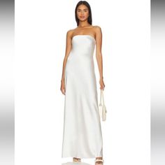 This Is A Size 6 Silk Dress. It Ties In The Back So The Sizing Could Be Very Flexible. It Would Be Gorgeous For A Formal Event Or Even A Casual Wedding Strapless Fitted Maxi Dress For Daywear, White Satin Dress For Daywear, White Satin Daywear Dress, Silky Maxi Dress, Strapless Denim Dress, Strapless Midi Dress, Silky Dress, Denim Mini Dress, Casual Wedding