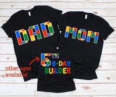 three t - shirts with the words 5th birthday builder printed on them and an arrow pointing to each other