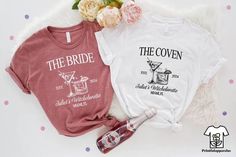 two t - shirts that say the bride and the coven are next to each other