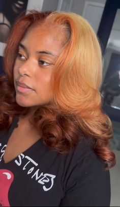 Orange Hair With Blonde Highlights Black Women, Fall Aesthetic Hair Color, Fall Color Silk Press Natural Hair, Hair Color For Fall Black Women, Ginger Blonde Highlights On Black Women, Ginger And Chocolate Hair Black Women, Honey Brown And Red Hair, Ginger Blowout Natural Hair, Honey Brown Red Hair