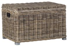 a large wicker basket with metal legs and handles on an isolated white background for use as a storage container