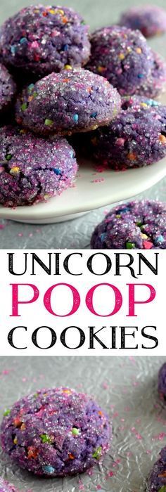 unicorn poop cookies on a plate with sprinkles and text overlay