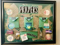 a bulletin board with papers and magnets attached to it that says, prayers