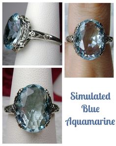 Simulated Aquamarine Ring Edward Design#70 Custom Made Here we have an Edwardian reproduction ring in sterling silver filigree with a perfect Simulated/Man-made blue aquamarine gemstone solitaire. This full cut oval gem is 14mm in length and 10mm in width (slightly smaller gemstone also available upon request). This ring also sits 7mm off the finger. The inside of the band is marked 925 for solid sterling. Notice the beautiful leaf design of the silver filigree setting and etched band. This is a Aquamarine Gem, Blue Gemstone Rings, Blue Ring, Aquamarine Ring, Sterling Silver Filigree, Aquamarine Rings, Aquamarine Gemstone, Sterling Silver Flowers, Aquamarine Blue