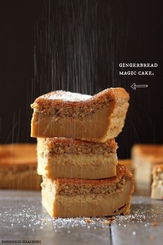 three pieces of bread stacked on top of each other with sugar sprinkles