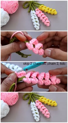 crochet flowers are being made with yarn