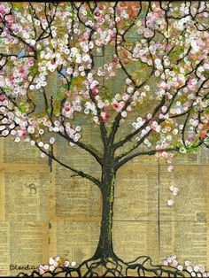 a painting of a tree with pink flowers