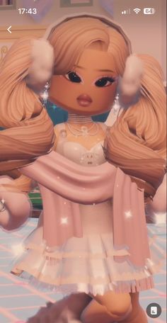 an animated doll with blonde hair wearing a white dress and holding her hands behind her head