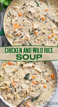 chicken and wild rice soup in a green pot with a spoon on the side next to it