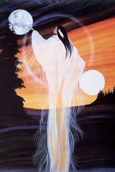 a painting of a woman with her hair blowing in the wind and trees at night