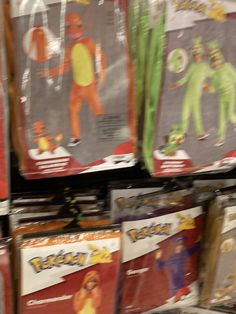 the shelves are full of pokemon costumes for sale