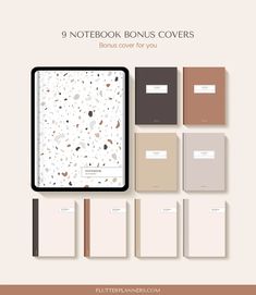 the notebooks are lined up in different colors and sizes, with text that reads 9 notebook