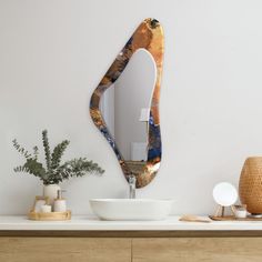 a bathroom with a sink, mirror and plant on the counter top in front of it