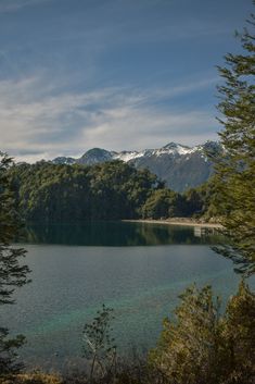 a lake surrounded by trees with mountains in the background