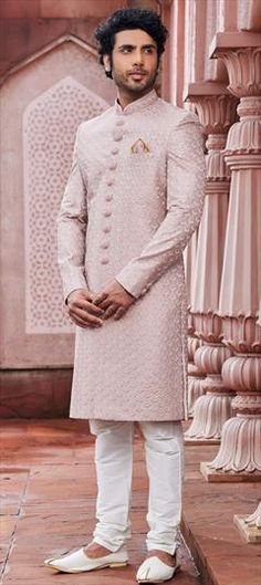 Pink and Majenta color Sherwani in Art Silk fabric with Embroidered, Resham, Sequence, Thread work Luxury Pink Sherwani With Zari Work, Luxury Pink Sherwani With Pallu, Ceremonial Pink Sherwani With Chikankari Embroidery, Pink Ceremonial Sherwani With Pallu, Ceremonial Pink Sherwani With Pallu, Wedding Sherwani For Groom Latest, Sherwani For Men Wedding Royals, Sherwani For Men Wedding, Men's Wedding Outfit