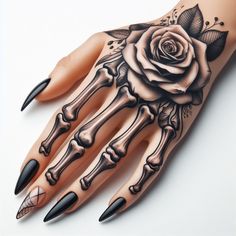 Beauty Blooms from Decay: This Skeleton Hand Tattoo features a captivating contrast. The meticulously detailed bones create a canvas for a vibrant rose blooming on the wrist. This design symbolizes the enduring beauty that can flourish even after death. #pocoko #skeletonhandtattoo #rosetattoo #beautyindecay Bone Hand Tattoo, Guys With Tattoos, Skull Hand Tattoo, Hand Tattoos For Girls, Hand And Finger Tattoos, Pretty Hand Tattoos, Wicked Tattoos, Skeleton Tattoos, Skeleton Hand Tattoo