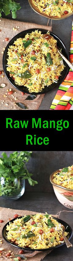 raw mango rice in a black plate with chopsticks and parsley on the side