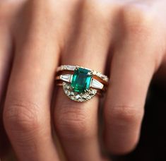 Best seller at Capucinne - ART DECO EMERALD & DIAMOND RING SET Delicate diamond band. The design can be made with gemstones of your choosing. If you would prefer a custom ring, please contact us before purchase. Details Art deco emerald & Emerald Engagement Ring Set, Emerald Set, Emerald Ring Engagement Diamond, Emerald Ring Vintage, Diamond Wedding Sets, Emerald Diamond Ring, Diamond Ring Settings, Emerald Engagement, Unique Diamonds