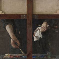 the painting is being displayed with two hands holding paintbrushes and an artist's palette