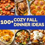 the cover of cozy fall dinner ideas, with images of different dishes in blue and white