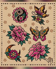 some flowers and butterflies on a beige background