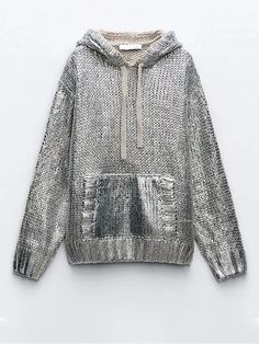 Metallic Silver Knitted Rib Women'S Sweater Hoodie Drawstring Long Sleeve Solid | eBay Elegant Sweatshirt, Pullover Mode, Streetwear Fits, Knitted Hood, Women Sweater, Knit Sweatshirt, Casual Sweaters, Textured Knit, Hooded Sweater