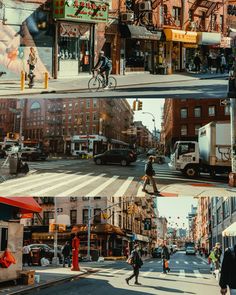 people are walking and riding bikes on the street