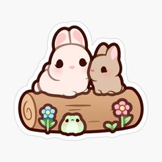 two rabbits sitting on top of a log with flowers and birds around it sticker