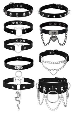 PRICES MAY VARY. ❤GOTHIC CHOKER SET❤ One order includes 6-9Pcs punk leather choker in different styles, Like love heart, Rivets, Circle, Chain, Skull and love heart leather choker. Meeting your different daily needs. These punk style black choker necklace look cool, It highlights your distinctive personality and popular with girls. ❤HIGH QUALITY❤ These leather choker collar set is made of soft PU leather and environmentally friendly alloy which is anti-allergic, Free of nickel, No rust, Corrosio Goth Choker Necklaces, Spiked Choker, Emo Jewelry, Emo Accessories, Collar For Women, Leather Choker Collars, Goth Choker, Choker Necklace Designs, Choker Black