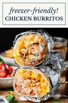 two burritos stacked on top of each other with the text freeze - friendly chicken burritos