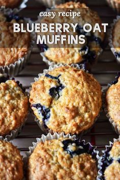 blueberry oat muffins on a cooling rack with the words easy recipe