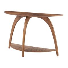 a wooden table with a curved shelf on it's side and an oval shaped top