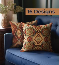 two decorative pillows on a blue couch with the words 16 designs over it in front of them