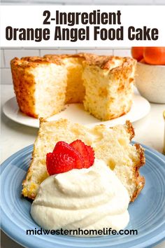 an orange angel food cake on a plate with whipped cream and strawberries in the background