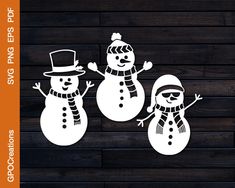 three snowmen with hats and scarfs are standing in front of a wooden wall