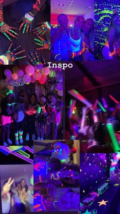 many different images of people dancing and having fun in the dark with neon lights on them